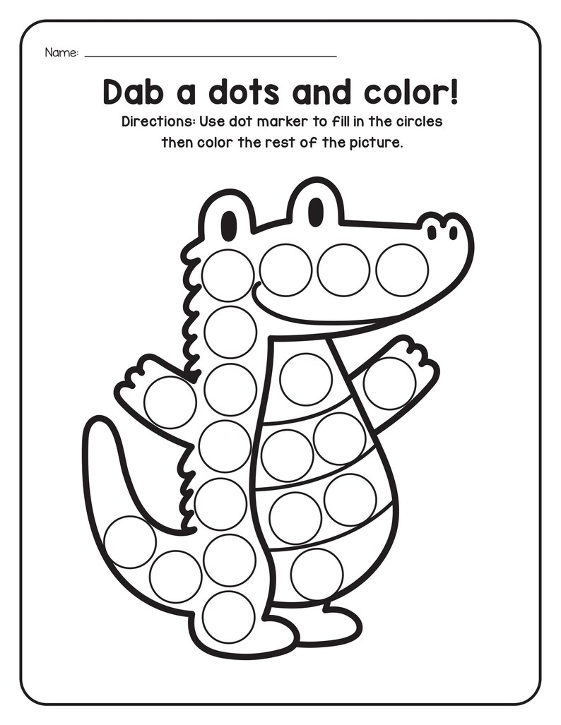 A coloring and dot marker worksheet titled Dab a dots and color featuring an outline drawing of an alligator with circles inside its body.