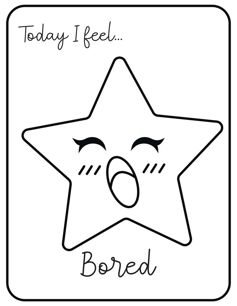 A black and white printable card with the text Today I feel... and a yawning star character with closed eyes above the text Bored.