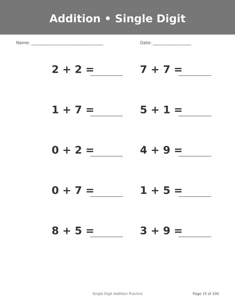 May include: A white educational worksheet titled Addition &bull; Single Digit with a gray header. It features ten math problems with single-digit numbers and blank lines for answers. The bottom text reads Single Digit Addition Practice Page 15 of 100.