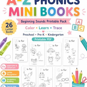 A promotional image showcasing A-Z phonics mini books with title text, colored pencils, and sample pages displaying letters and illustrations.