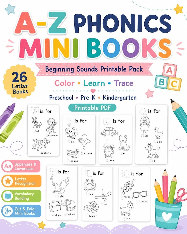 A promotional image showcasing A-Z phonics mini books with title text, colored pencils, and sample pages displaying letters and illustrations.