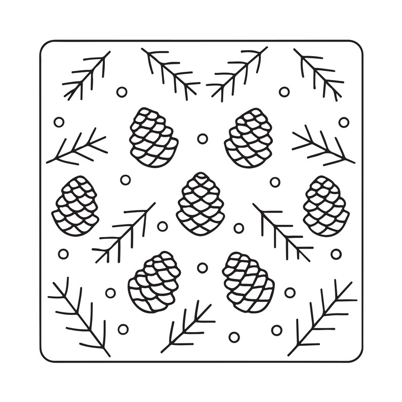 May include: A square graphic print featuring a repeating black and white line art pattern of pine cones, evergreen branches, and small circles. The design is centered within a rounded square border, showcasing a clean, minimalist botanical motif.