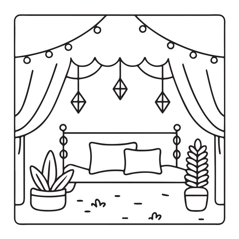 K&ouml;nnte beinhalten: Eine schwarz-wei&szlig;e Strichzeichnung eines Schlafzimmers mit einem Bett und zwei Kissen, eingerahmt von drapierten Vorh&auml;ngen mit Lichterketten und h&auml;ngenden geometrischen Ornamenten. Zwei Topfpflanzen stehen auf beiden Seiten des Bettes.