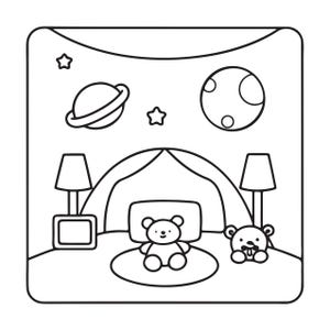 May include: A black and white line art illustration featuring a bedroom scene with a bed, two lamps, and two teddy bears. The wall displays a planet, a moon, and two stars. The drawing is contained within a square frame with rounded corners.