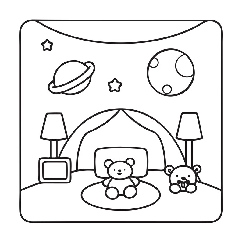 May include: A black and white line art illustration featuring a bedroom scene with a bed, two lamps, and two teddy bears. The wall displays a planet, a moon, and two stars. The drawing is contained within a square frame with rounded corners.