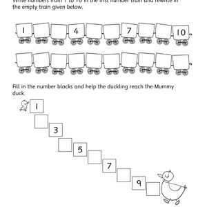 Pu&ograve; includere: Una scheda didattica in bianco e nero intitolata Writing Numbers. Presenta due file di vagoni ferroviari per scrivere i numeri da 1 a 10 e un percorso diagonale di blocchi quadrati con un anatroccolo e un'anatra madre da completare.