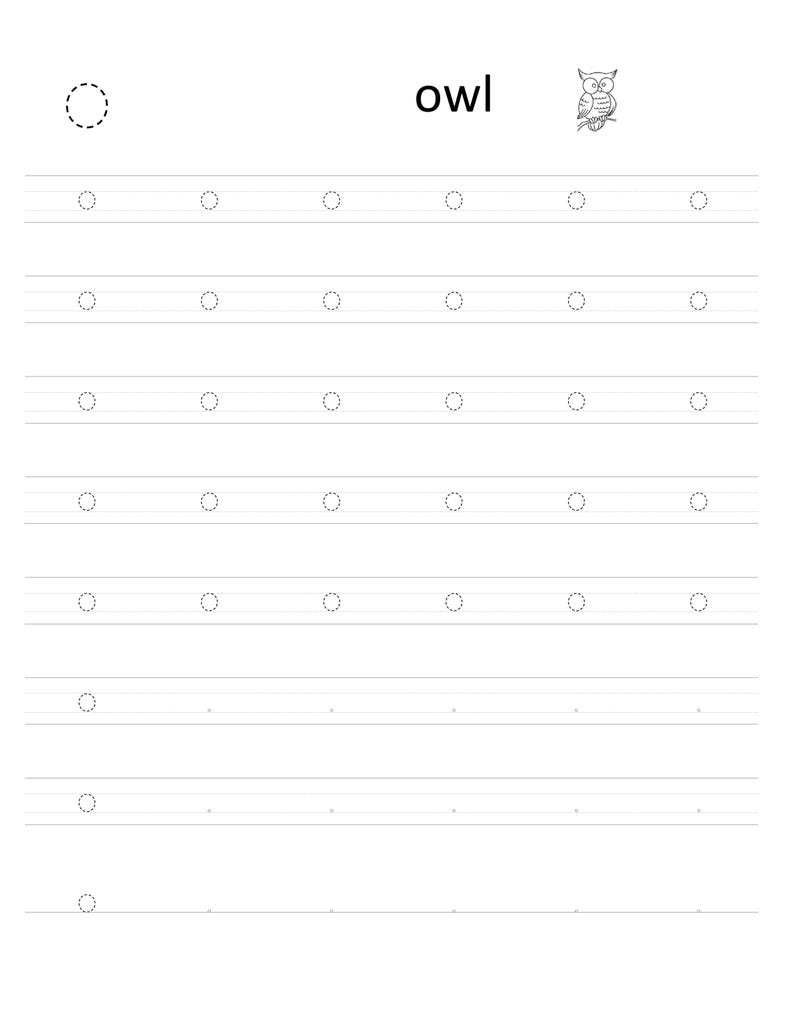 May include: A white educational worksheet for handwriting practice featuring the word owl, a small line drawing of an owl, and multiple rows of dashed circular outlines for tracing the letter o, arranged on standard lined paper for writing practice.