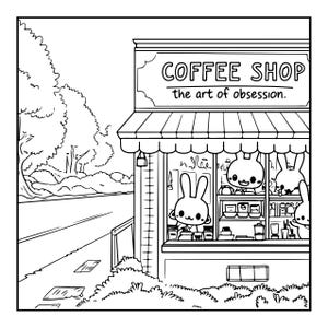 Op de afbeelding: Een zwart-wit lijntekening van een koffieshop met een gestreepte luifel. Het bord vermeldt COFFEE SHOP the art of obsession. Drie getekende konijnen zijn zichtbaar in de winkel achter een toonbank met diverse drankverpakkingen.