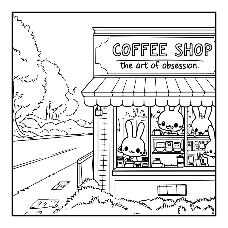 Op de afbeelding: Een zwart-wit lijntekening van een koffieshop met een gestreepte luifel. Het bord vermeldt COFFEE SHOP the art of obsession. Drie getekende konijnen zijn zichtbaar in de winkel achter een toonbank met diverse drankverpakkingen.