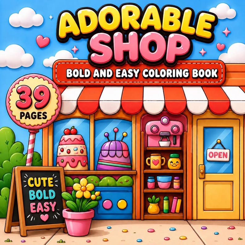 Kleurboek 'Bold & Easy' | Winkels, lekkernijen, scènes (PDF-download) afbeelding 1
