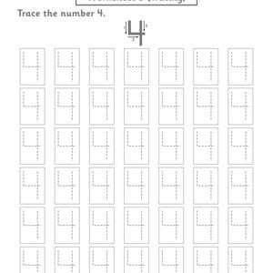 Puede incluir: Una hoja de trabajo educativa en blanco y negro titulada Worksheet 3 (Tracing) que muestra un n&uacute;mero 4 grande con flechas direccionales. Debajo, una cuadr&iacute;cula de 42 cajas rectangulares contiene contornos punteados del n&uacute;mero 4 para practicar.