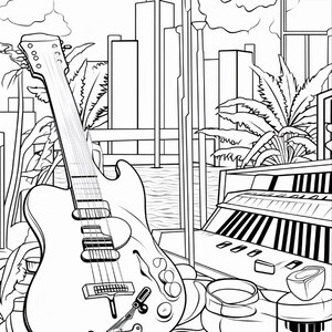 May include: A black and white line art illustration featuring an electric guitar in the foreground, positioned next to a keyboard. The background displays a cityscape with tall buildings, palm trees, and a sun in the sky, rendered in a clean, bold outline style suitable for coloring.