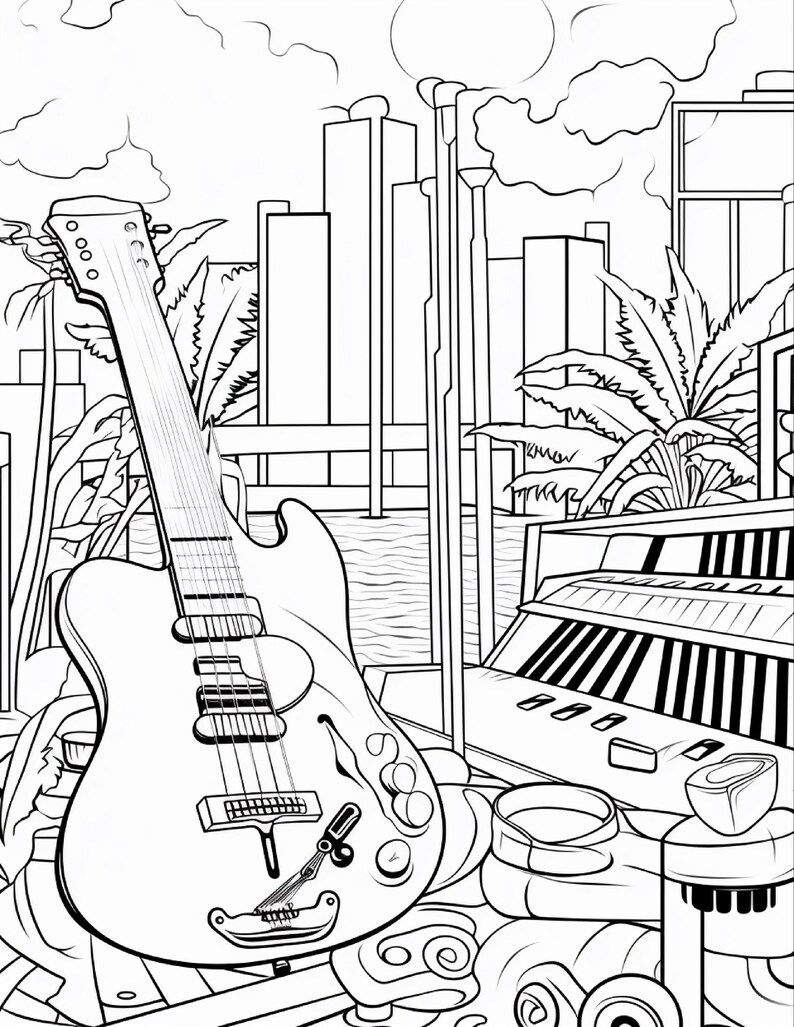 May include: A black and white line art illustration featuring an electric guitar in the foreground, positioned next to a keyboard. The background displays a cityscape with tall buildings, palm trees, and a sun in the sky, rendered in a clean, bold outline style suitable for coloring.