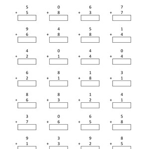 May include: A black and white educational worksheet titled Math - Addition Single Digit, featuring seven rows of four vertical addition problems. Each problem consists of two single-digit numbers stacked with a plus sign and an empty rectangular box.