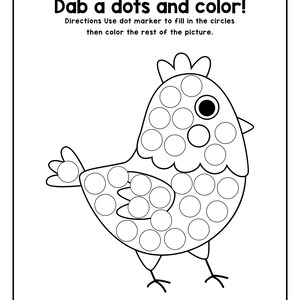 A black and white printable coloring worksheet featuring an outline of a hen filled with dot marker circles.