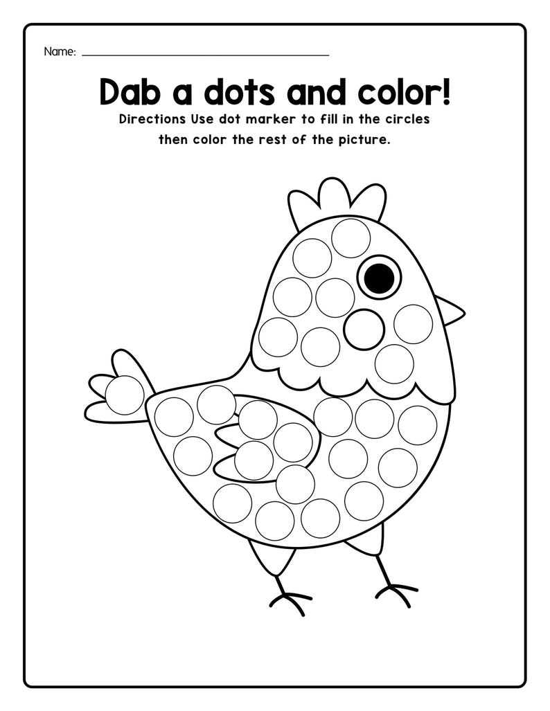 A black and white printable coloring worksheet featuring an outline of a hen filled with dot marker circles.
