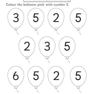 Puede incluir: Una hoja de trabajo educativa en blanco y negro titulada Worksheet 2 (Identification) que presenta once ilustraciones de globos. Cada globo contiene un n&uacute;mero de un solo d&iacute;gito, incluyendo 2, 3, 5 y 6. El texto instruye colorear de rosa los globos con el n&uacute;mero 5.