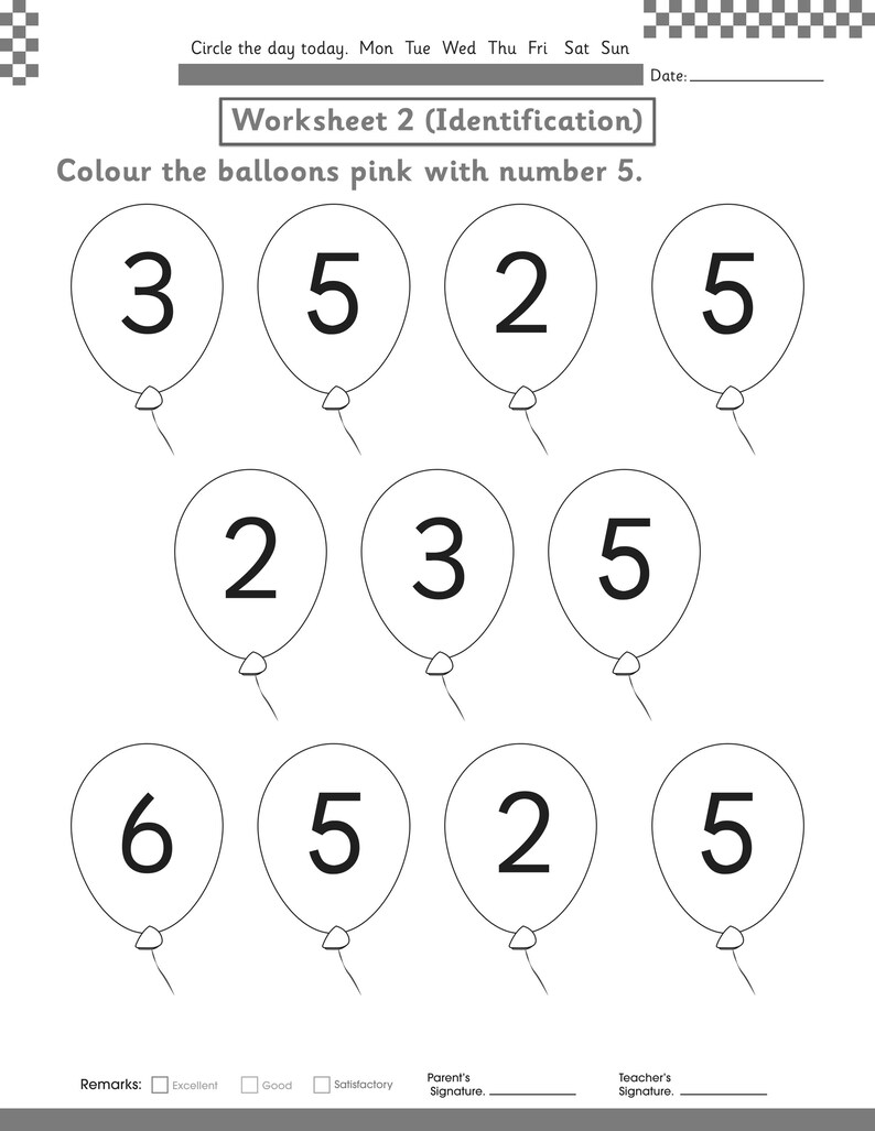Puede incluir: Una hoja de trabajo educativa en blanco y negro titulada Worksheet 2 (Identification) que presenta once ilustraciones de globos. Cada globo contiene un n&uacute;mero de un solo d&iacute;gito, incluyendo 2, 3, 5 y 6. El texto instruye colorear de rosa los globos con el n&uacute;mero 5.