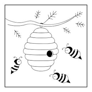 May include: A black and white line drawing of a beehive hanging from a branch with three cartoon bees flying around it. The beehive is oval and ribbed with a circular entrance hole, and the bees have simple striped bodies and antennae.