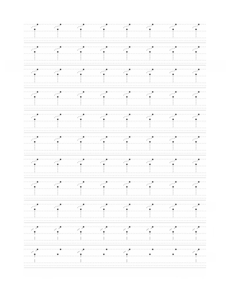 Peut inclure: Une feuille d'exercices d'&eacute;criture manuscrite compos&eacute;e de plusieurs lignes pointill&eacute;es noires. Chaque ligne pr&eacute;sente des motifs r&eacute;p&eacute;titifs form&eacute;s d'un point suivi d'une ligne courbe en pointill&eacute;s menant &agrave; une ligne verticale droite.