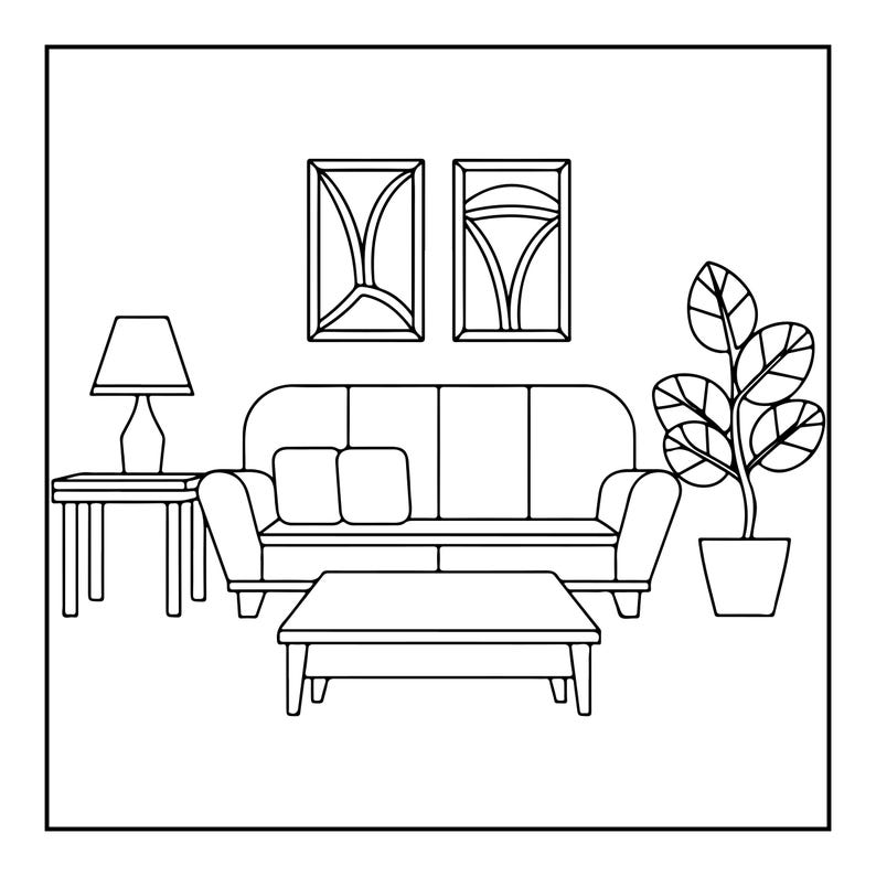 K&ouml;nnte beinhalten: Eine schwarz-wei&szlig;e Strichzeichnung eines Wohnzimmerinterieurs mit einem Sofa mit zwei Kissen, einem rechteckigen Couchtisch, einem Beistelltisch mit Lampe, einer Topfpflanze und zwei gerahmten rechteckigen Wandbildern mit abstrakten Mustern.