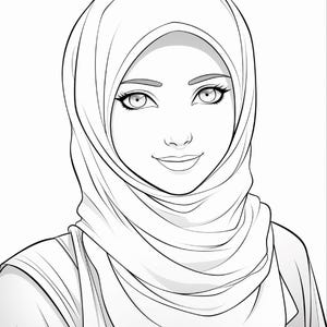 Pu&ograve; includere: Un'illustrazione a linee in bianco e nero di una persona che indossa un hijab. Il disegno presenta contorni netti e decisi che definiscono i tratti del viso, inclusi grandi occhi con ciglia dettagliate, un sorriso dolce e le pieghe drappeggiate del velo.
