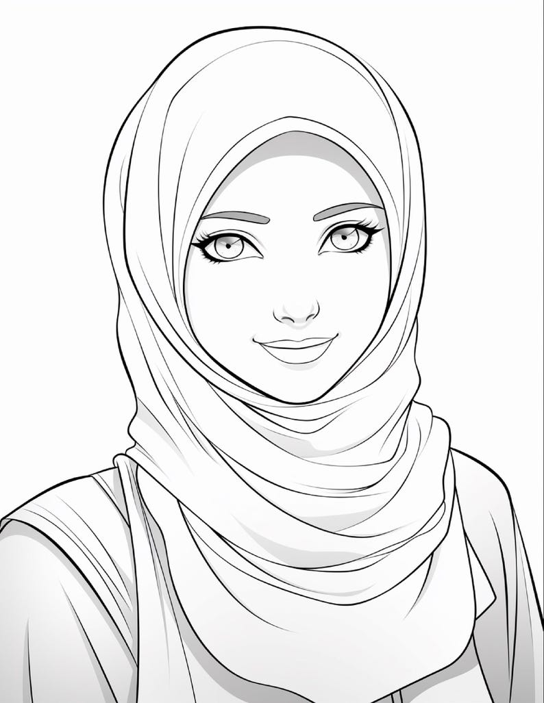 Pu&ograve; includere: Un'illustrazione a linee in bianco e nero di una persona che indossa un hijab. Il disegno presenta contorni netti e decisi che definiscono i tratti del viso, inclusi grandi occhi con ciglia dettagliate, un sorriso dolce e le pieghe drappeggiate del velo.