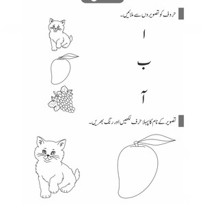 Peut inclure: Une feuille d'exercices &eacute;ducative avec des dessins au trait en noir et blanc repr&eacute;sentant un chaton, une mangue et une grappe de raisin. La page contient du texte en ourdou, des exercices d'association et des espaces pour &eacute;crire la premi&egrave;re lettre.