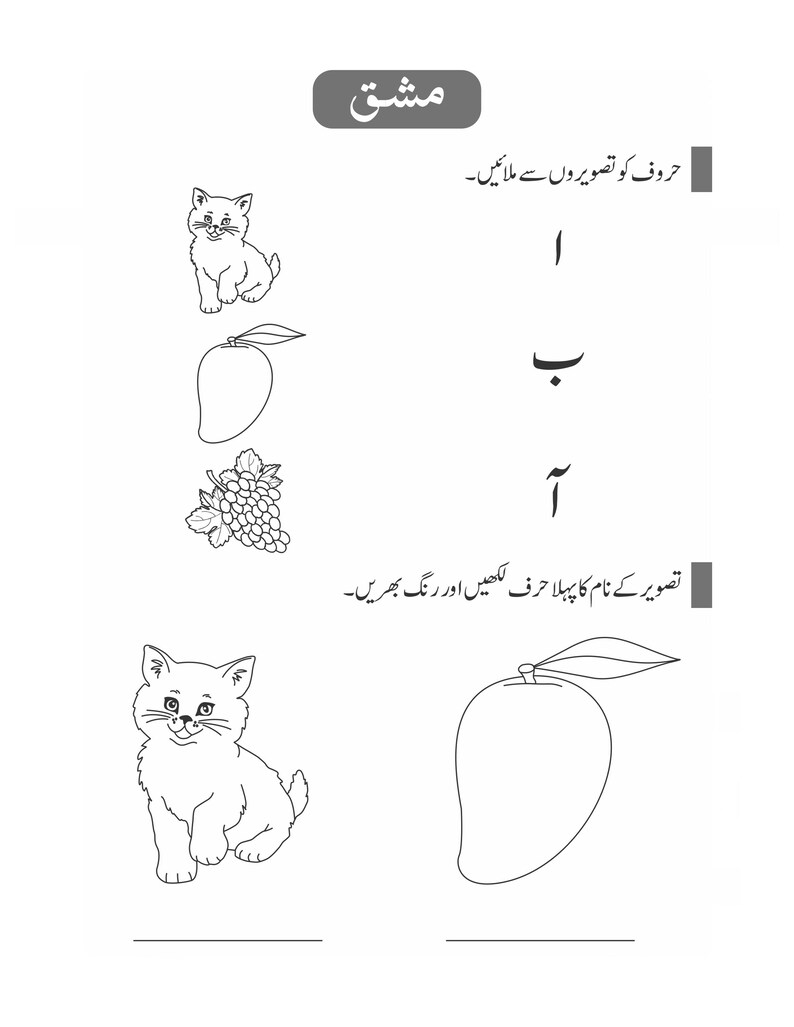 Peut inclure: Une feuille d'exercices &eacute;ducative avec des dessins au trait en noir et blanc repr&eacute;sentant un chaton, une mangue et une grappe de raisin. La page contient du texte en ourdou, des exercices d'association et des espaces pour &eacute;crire la premi&egrave;re lettre.
