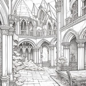 Puede incluir: Una ilustraci&oacute;n de arte lineal en blanco y negro de un patio g&oacute;tico con columnas de piedra, pasillos arqueados y torres puntiagudas. La escena incluye un suelo de baldosas, barandillas decorativas y arbustos, creando una vista arquitect&oacute;nica.