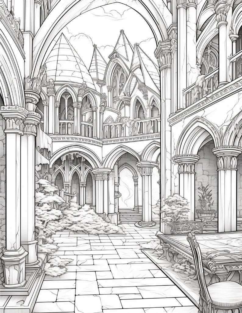 Puede incluir: Una ilustraci&oacute;n de arte lineal en blanco y negro de un patio g&oacute;tico con columnas de piedra, pasillos arqueados y torres puntiagudas. La escena incluye un suelo de baldosas, barandillas decorativas y arbustos, creando una vista arquitect&oacute;nica.