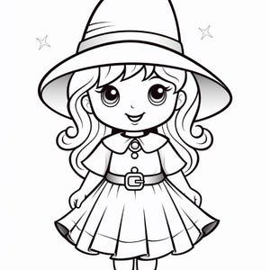May include: A black and white line art illustration of a character wearing a wide-brimmed pointed hat, a collared dress with a belted waist, and shoes. The character has long wavy hair, large eyes, and is surrounded by two small four-pointed stars.