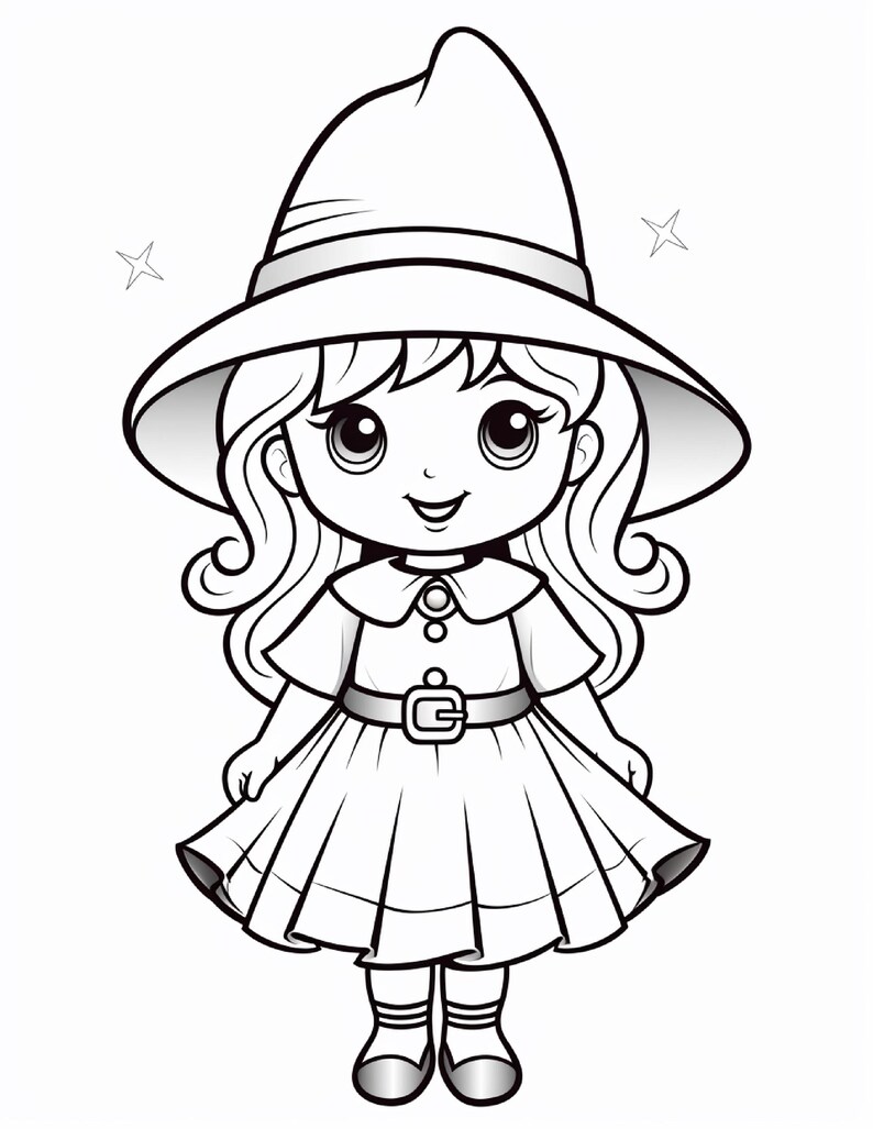 May include: A black and white line art illustration of a character wearing a wide-brimmed pointed hat, a collared dress with a belted waist, and shoes. The character has long wavy hair, large eyes, and is surrounded by two small four-pointed stars.