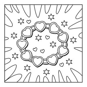 Pode incluir: Uma ilustra&ccedil;&atilde;o de arte linear em preto e branco apresentando uma corrente circular de seis elos em forma de cora&ccedil;&atilde;o. O design central &eacute; rodeado por v&aacute;rias estrelas e cora&ccedil;&otilde;es pequenos, com formas radiantes em dire&ccedil;&atilde;o &agrave;s bordas.