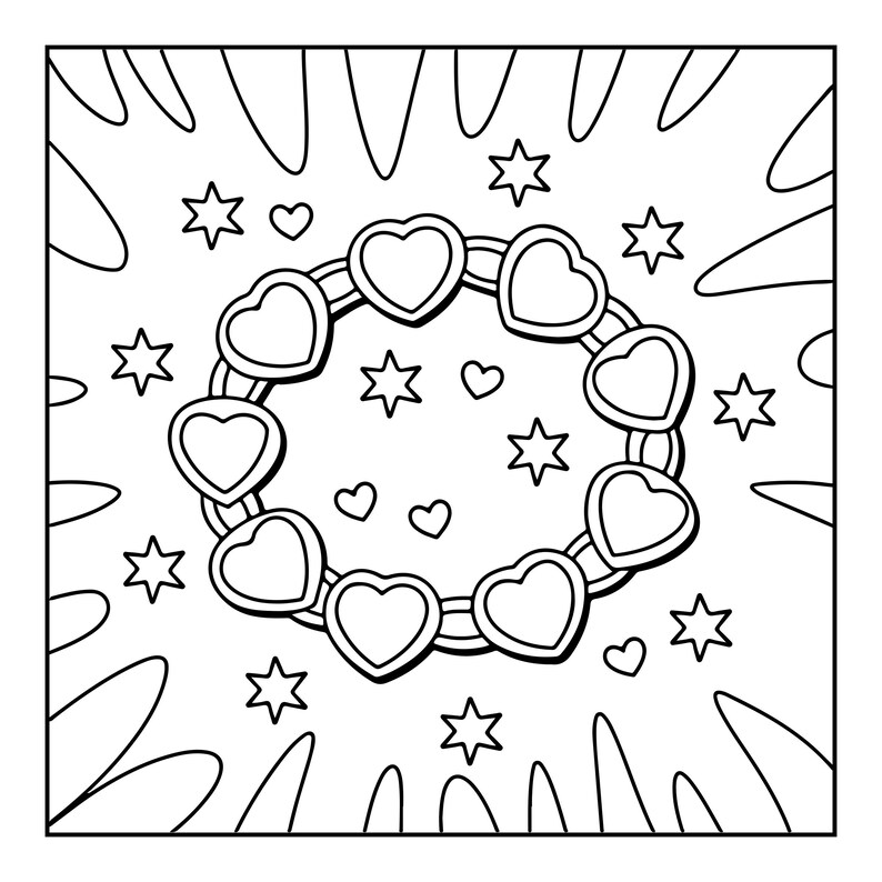 Pode incluir: Uma ilustra&ccedil;&atilde;o de arte linear em preto e branco apresentando uma corrente circular de seis elos em forma de cora&ccedil;&atilde;o. O design central &eacute; rodeado por v&aacute;rias estrelas e cora&ccedil;&otilde;es pequenos, com formas radiantes em dire&ccedil;&atilde;o &agrave;s bordas.