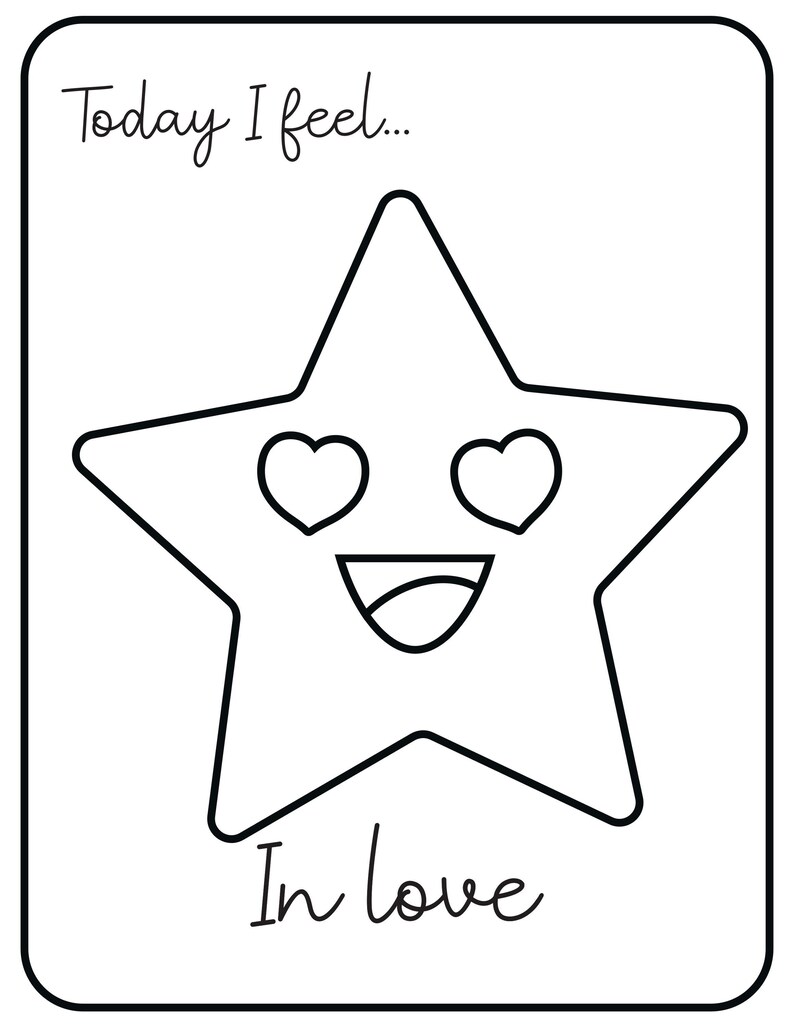 A black and white printable card with the text Today I feel... and a star character with heart-shaped eyes and a smiling mouth above the text In love.