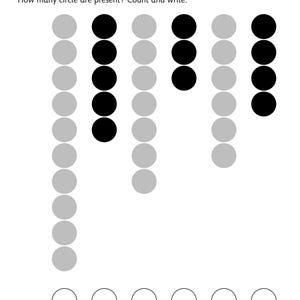 Pu&ograve; includere: Una scheda didattica intitolata Counting con l'istruzione How many circle are present? Count and write. Presenta sei colonne verticali di cerchi in varie tonalit&agrave; di grigio e nero, con sei cerchi vuoti posizionati nella parte inferiore.