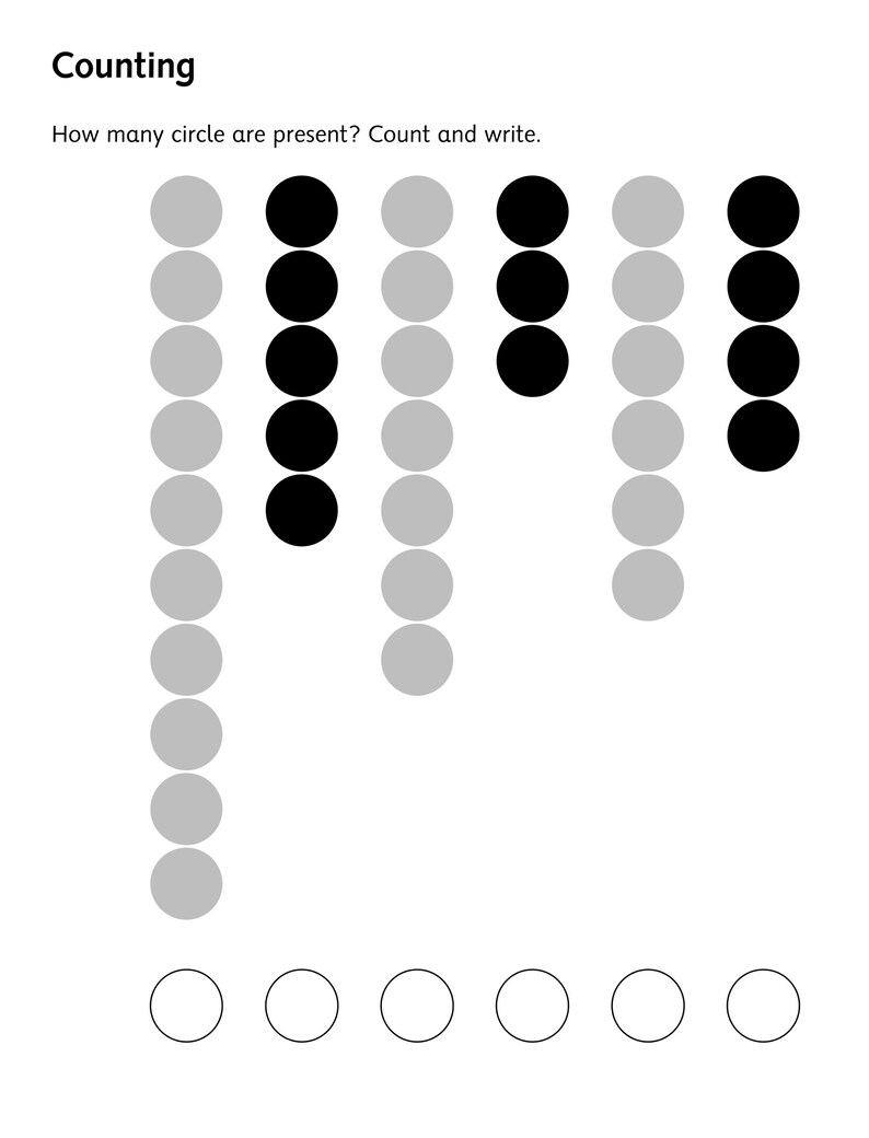 Pu&ograve; includere: Una scheda didattica intitolata Counting con l'istruzione How many circle are present? Count and write. Presenta sei colonne verticali di cerchi in varie tonalit&agrave; di grigio e nero, con sei cerchi vuoti posizionati nella parte inferiore.