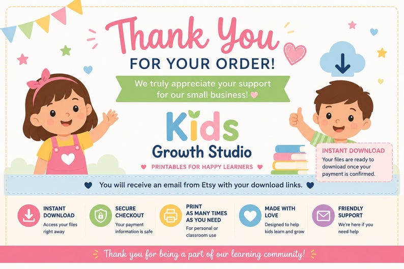 Op de afbeelding: Een digitale bedankkaart voor een klein bedrijf genaamd Kids Growth Studio. De kaart bevat illustraties van twee kinderen, gekleurde tekst en iconen die staan voor direct downloaden, veilig afrekenen, printen en ondersteuning.