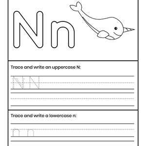 Pu&ograve; includere: Una scheda didattica in bianco e nero con la lettera Nn maiuscola e minuscola, un disegno al tratto di un narvalo e linee di pratica per tracciare e scrivere la lettera N. Il testo recita Color the letter Nn and a Narwhal.