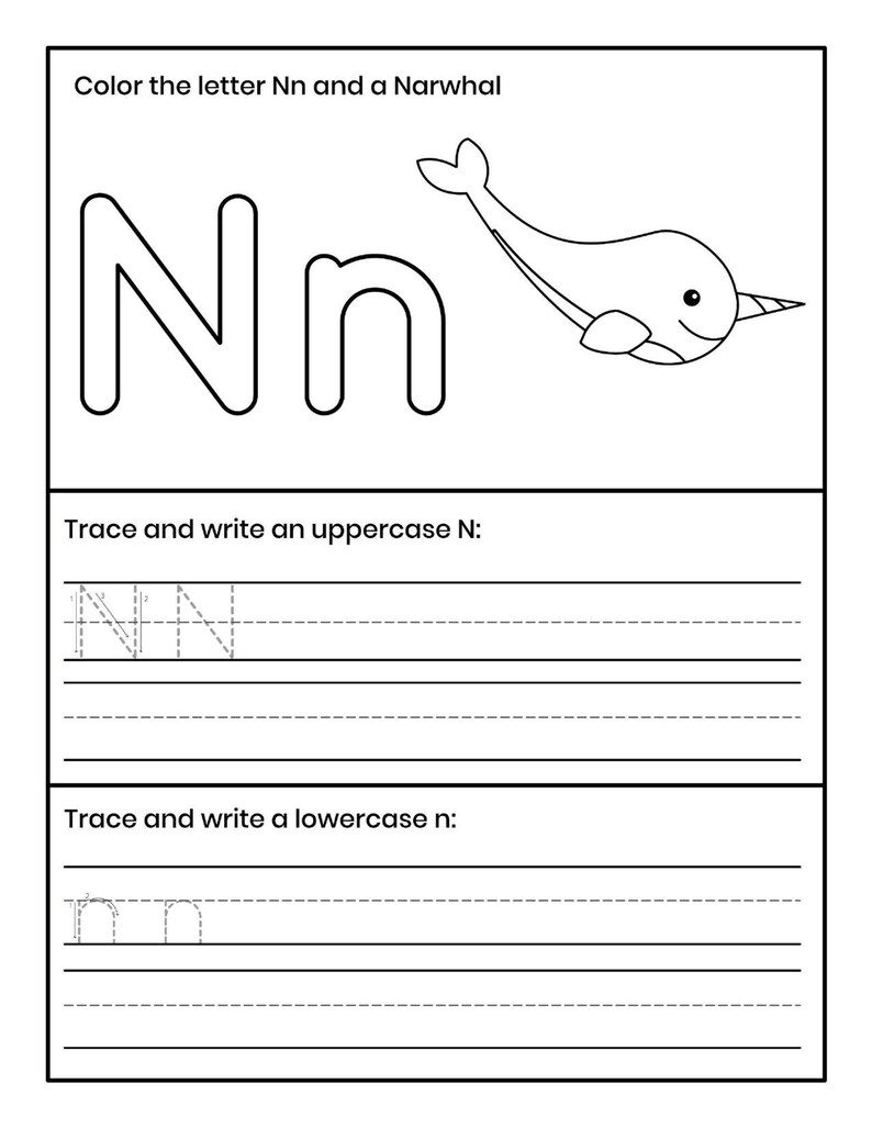 Pu&ograve; includere: Una scheda didattica in bianco e nero con la lettera Nn maiuscola e minuscola, un disegno al tratto di un narvalo e linee di pratica per tracciare e scrivere la lettera N. Il testo recita Color the letter Nn and a Narwhal.