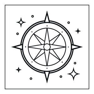 Peut inclure: Une illustration en noir et blanc au trait repr&eacute;sentant une rose des vents centr&eacute;e dans un cadre circulaire. Le motif pr&eacute;sente quatre points cardinaux principaux et quatre points secondaires, entour&eacute;s de petites &eacute;toiles &agrave; quatre branches.