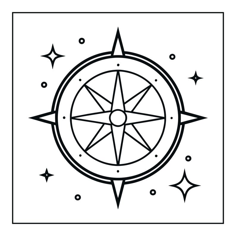 Peut inclure: Une illustration en noir et blanc au trait repr&eacute;sentant une rose des vents centr&eacute;e dans un cadre circulaire. Le motif pr&eacute;sente quatre points cardinaux principaux et quatre points secondaires, entour&eacute;s de petites &eacute;toiles &agrave; quatre branches.