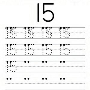 Peut inclure: Une feuille d'exercices &eacute;ducative blanche intitul&eacute;e Name et Number Tracing The Number 15. La page pr&eacute;sente un grand chiffre 15 noir en haut, suivi de trois lignes de chiffres 15 en pointill&eacute;s avec des fl&egrave;ches directionnelles et des &eacute;tapes num&eacute;rot&eacute;es.