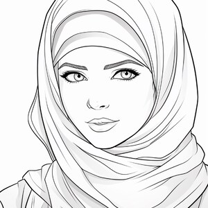Pu&ograve; includere: Un'illustrazione in bianco e nero a tratto di una persona che indossa un hijab. Il disegno presenta tratti del viso dettagliati, tra cui sopracciglia, ciglia e labbra definite, con il tessuto del velo drappeggiato attorno alla testa e al collo.