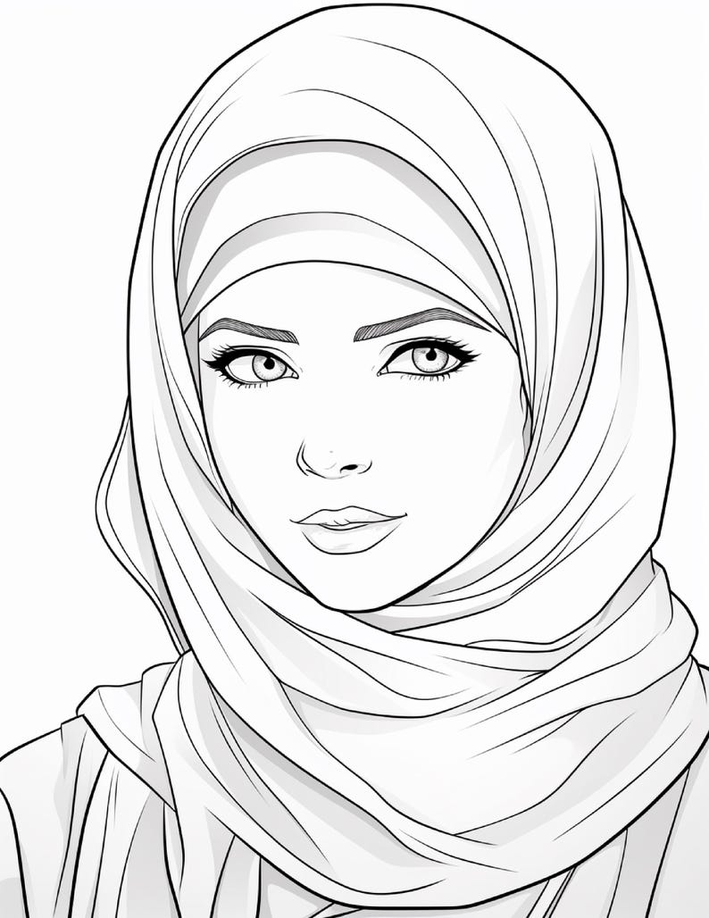 Pu&ograve; includere: Un'illustrazione in bianco e nero a tratto di una persona che indossa un hijab. Il disegno presenta tratti del viso dettagliati, tra cui sopracciglia, ciglia e labbra definite, con il tessuto del velo drappeggiato attorno alla testa e al collo.