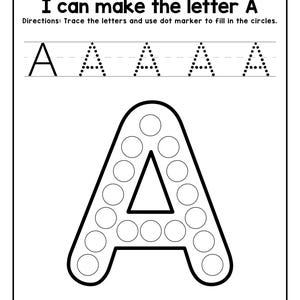 A printable worksheet featuring dotted tracing guidelines for the letter A and a large outline of the letter A filled with circles for dot markers above the text A is for Apple.