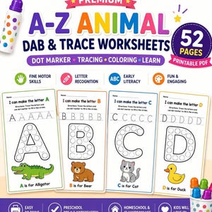 A promotional image for A-Z Animal Dab and Trace Worksheets showing four colored activity pages featuring an alligator, bear, cat, and duck.