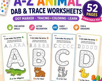 Folhas de atividades para colorir o alfabeto, 52 páginas de animais para colorir com marcador de pontos e traçado (PDF imprimível)