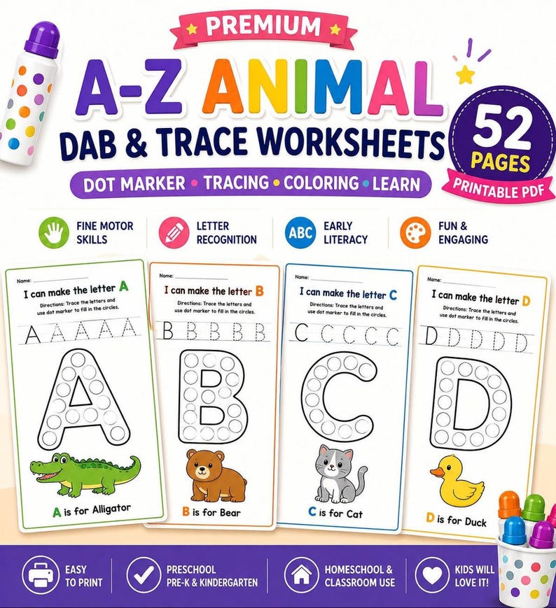 A promotional image for A-Z Animal Dab and Trace Worksheets showing four colored activity pages featuring an alligator, bear, cat, and duck.